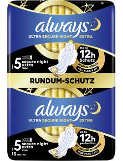 Always Ultra Secure Night Extra Binde mit Flügeln Rundum-Schutz